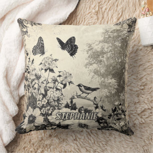 Flowers, Birds & Butterfly on Aged Paper (3) Cushion
