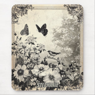 Flowers, Birds & Butterfly on Aged Paper (3) Mouse Mat