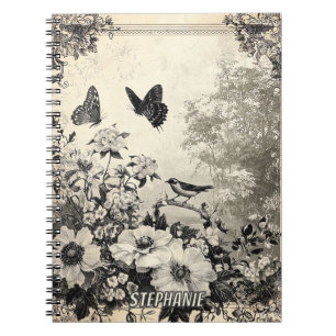 Flowers, Birds & Butterfly on Aged Paper (3) Notebook