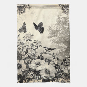 Flowers, Birds & Butterfly on Aged Paper (3) Tea Towel