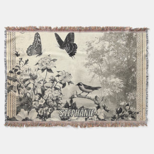 Flowers, Birds & Butterfly on Aged Paper (3) Throw Blanket