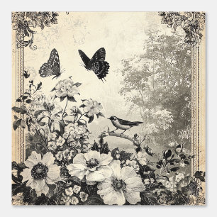 Flowers, Birds & Butterfly on Aged Paper (3) Wallpaper