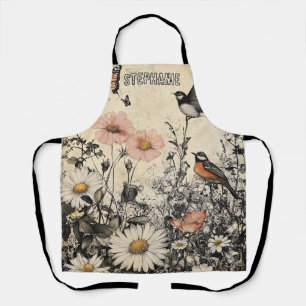 Flowers, Birds & Butterfly on Aged Paper Apron