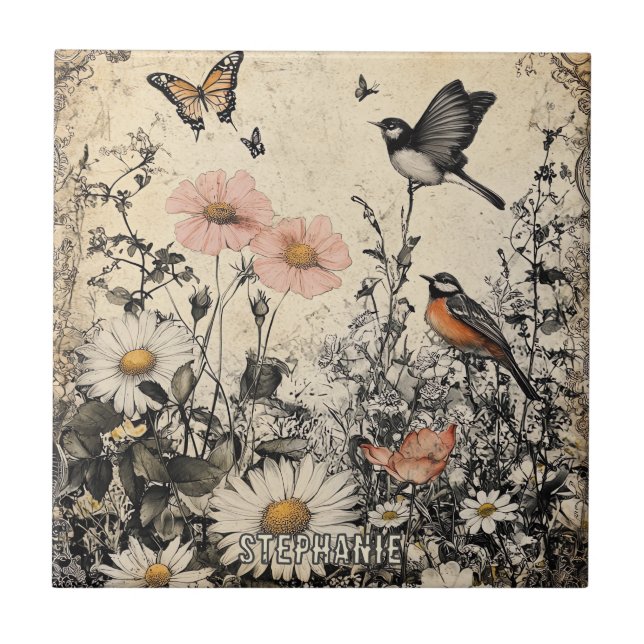 Flowers, Birds & Butterfly on Aged Paper Tile (Front)