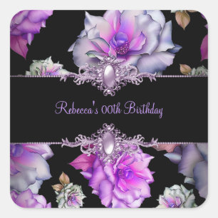Flowers Black Purple Floral Birthday Party Square Sticker