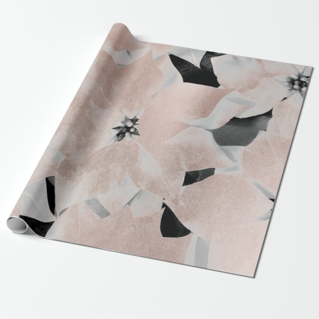 Flowers Black White Faux Gold Blush Metallic Pink Wrapping Paper (Unrolled)