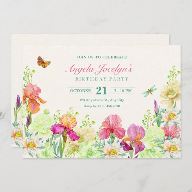 Flowers bloom birthday invitation (Front/Back)