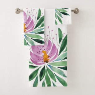 Flowers Bloom Violet Lotus Watercolor Art Bath Towel Set