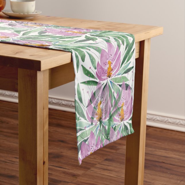 Flowers Bloom Violet Lotus Watercolor Art Long Table Runner (In Situ)
