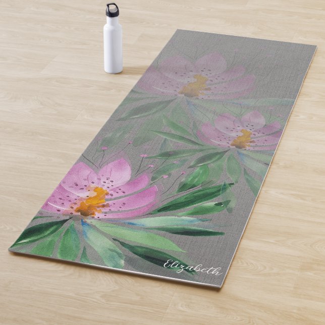 Flowers Bloom Violet Watercolor Monogrammed Yoga Mat (In Situ)