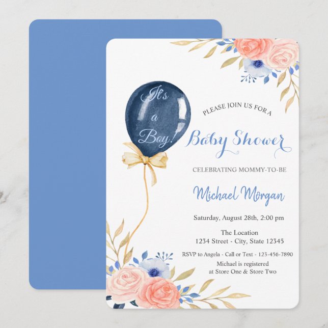 Flowers Blue Balloon Baby Shower Invitation (Front/Back)