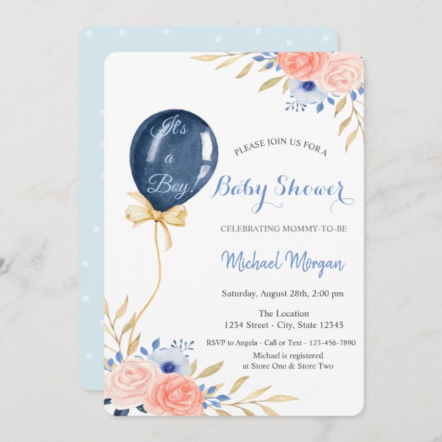Flowers Blue Balloon,Dots Baby Shower Invitation (Front/Back)