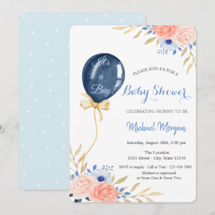 Flowers Blue Balloon,Dots Baby Shower Invitation