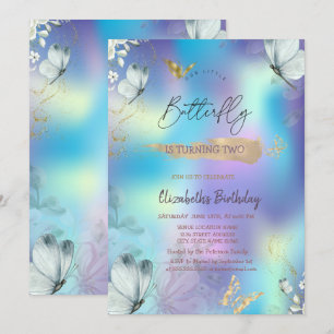Flowers Blue Butterflies Holographic Birthday Invitation