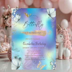  Flowers Blue Butterflies Holographic Birthday Invitation