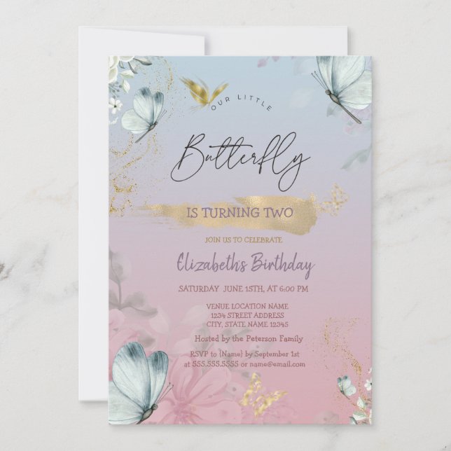Flowers Blue Butterflies Ombre Birthday   Invitation (Front)