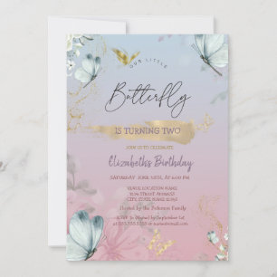 Flowers Blue Butterflies Ombre Birthday   Invitation