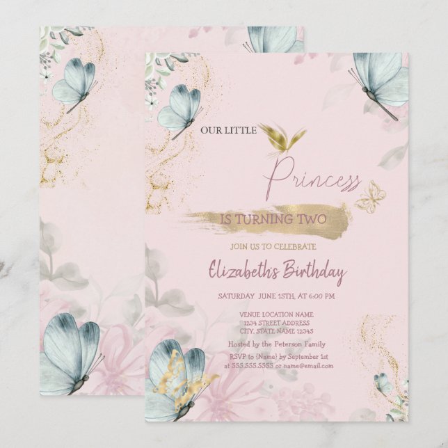  Flowers Blue Butterflies Pink Birthday  Invitation (Front/Back)