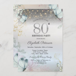 Flowers Blue Butterflies Silver 80th Birthday Invitation