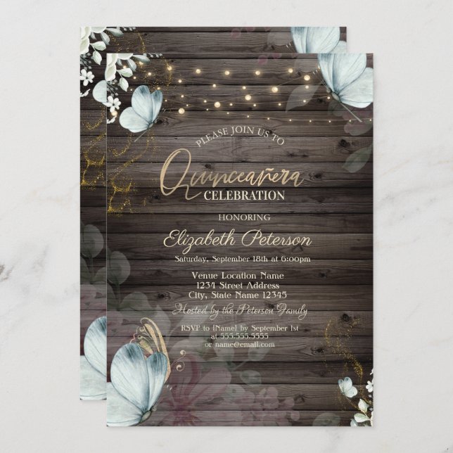 Flowers Blue Butterflies Wood Invitation (Front/Back)