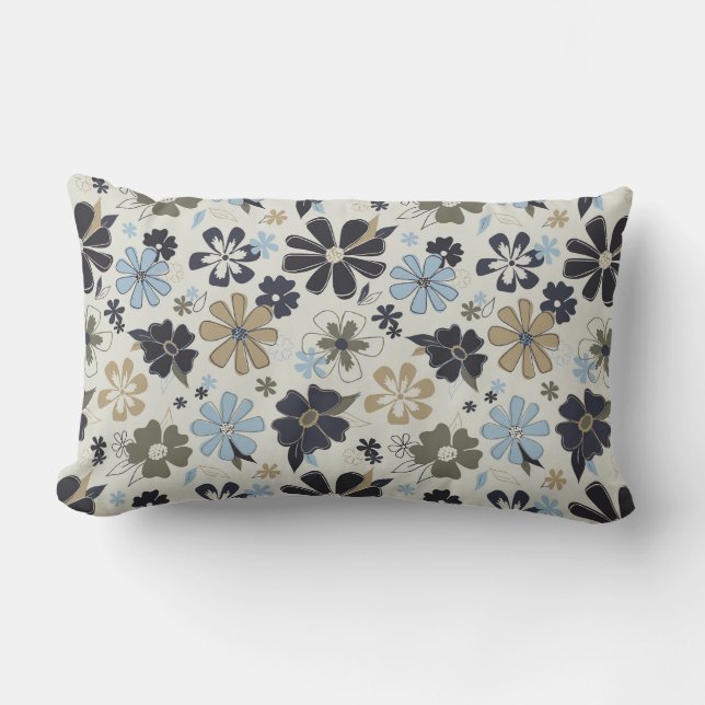Flowers Blue Tan Outline Floral Pattern Lumbar Cushion (Front)