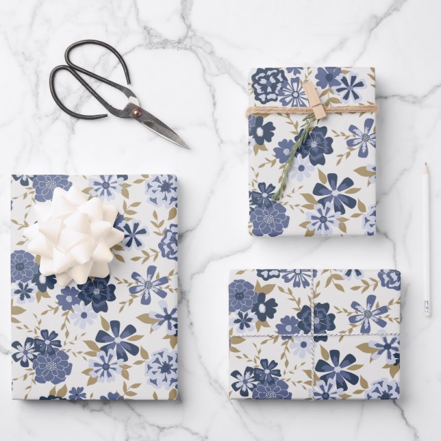 Flowers Blue Vine Botanical Pattern Gift Wrapping Paper Sheet (Front)