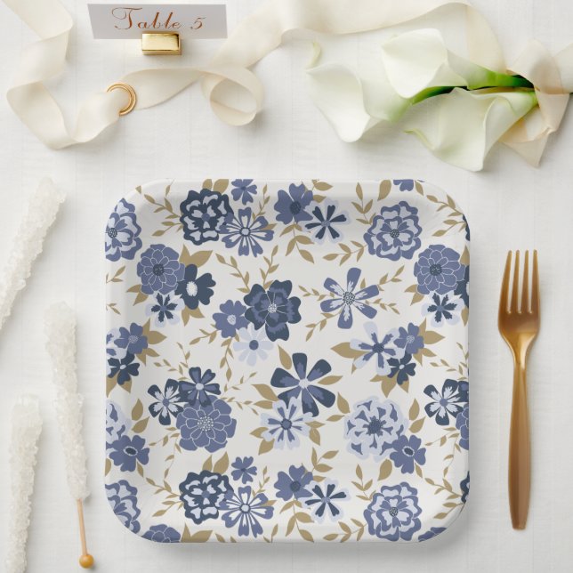 Flowers Blue Vines Botanical Event Paper Plate (Wedding)