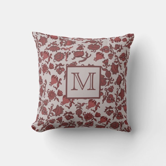 Flowers Bohemian Chic Floral Boho Red Grey Monogrm Cushion (Front)