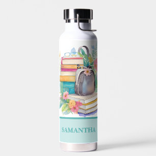 Flowers Books & Backpack Colourful Watercolor Water Bottle