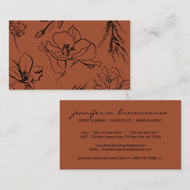 Flowers Botanical Terracotta Black Sketches Business Card (Front/Back)