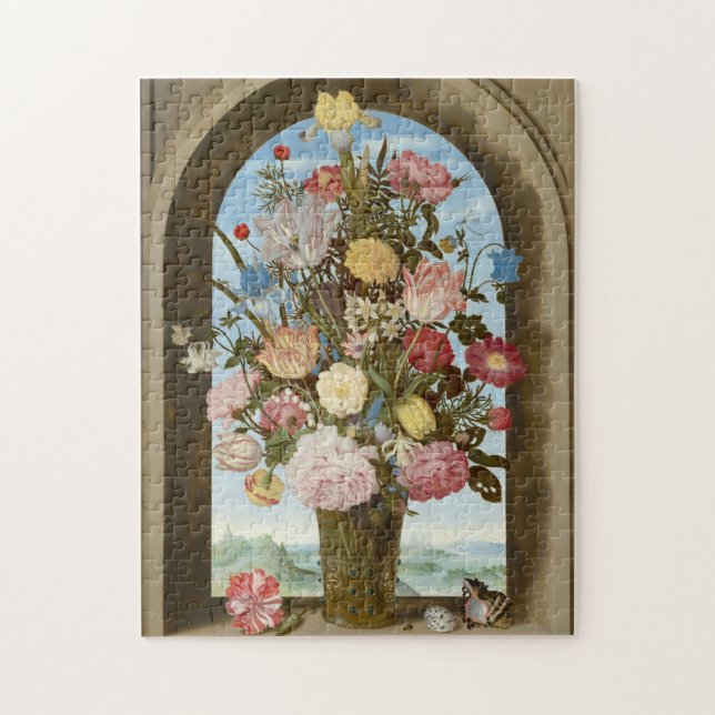 Flowers bouquet vase by window mediaeval painting jigsaw puzzle (Vertical)