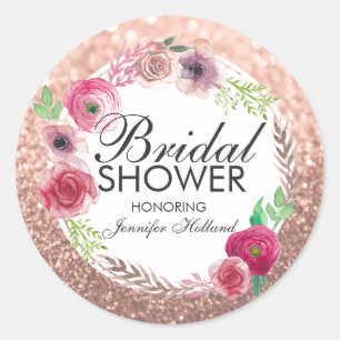 Flowers Bridal Shower Pink Rose Gold Glitter Classic Round Sticker