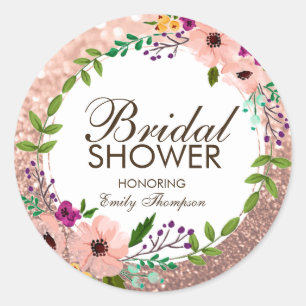 Flowers Bridal Shower Pink Rose Gold Glitter Classic Round Sticker