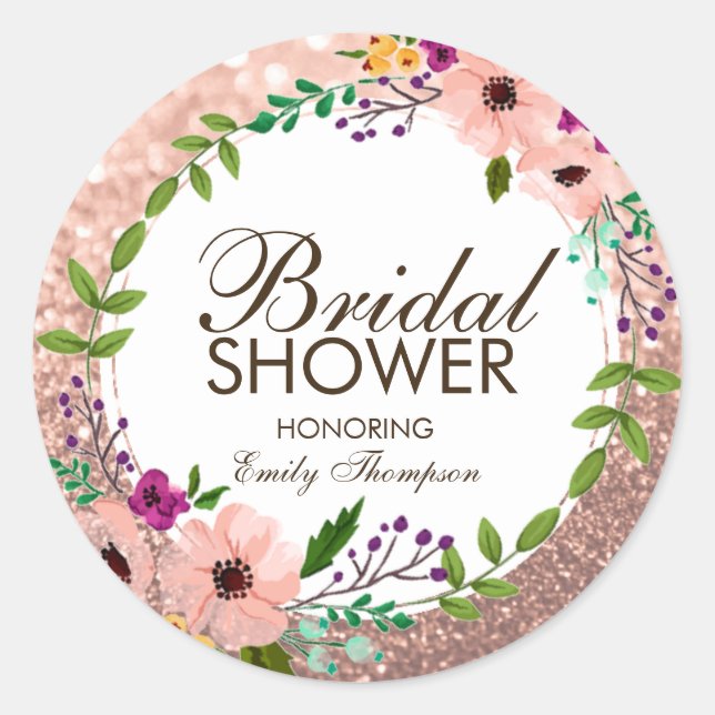 Flowers Bridal Shower Pink Rose Gold Glitter Classic Round Sticker (Front)