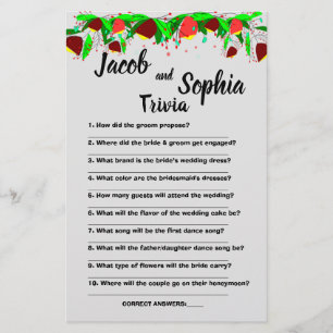 FLOWERS, BRIDE & GROOM TRIVIA SHOWER GAME CARD FLY