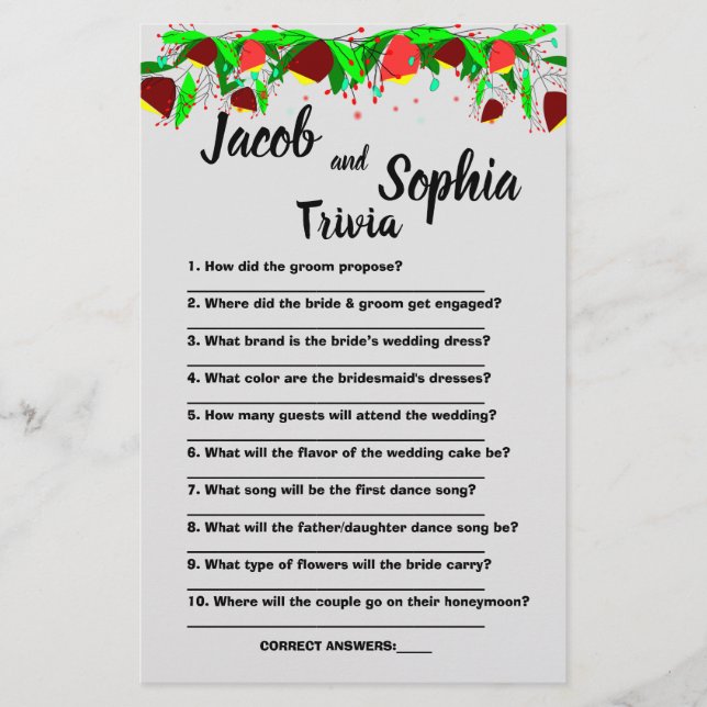 FLOWERS, BRIDE & GROOM TRIVIA SHOWER GAME CARD FLY (Front)