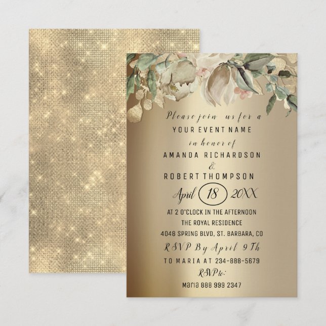 Flowers Brunch Sepia Gold Wedding Anniversary Invitation (Front/Back)