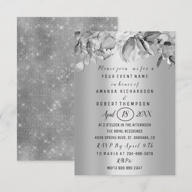 Flowers Brunch Silver GRay Wedding Anniversary Invitation (Front/Back)