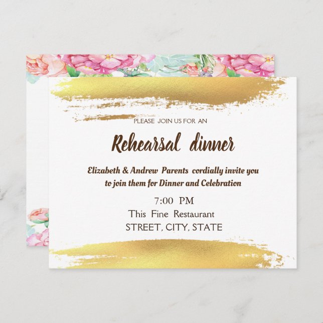 Flowers Brush Stroke  Wedding  Rehearsal Dinner Invitation (Front/Back)