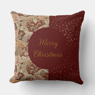 Flowers,Burgundi Red Gold Glitter, Merry Christmas Cushion