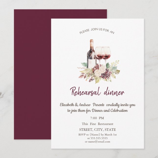  Flowers Burgundy Wine Grapes Rehearsal Dinner Invitation (Front/Back)