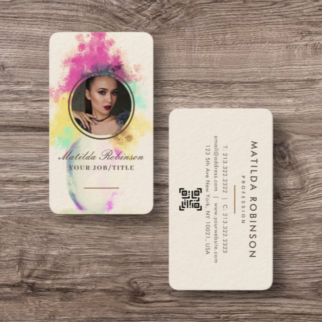 Flowers Burst Add Circular Photo Gold Signature Business Card (Floral Vase Botanical Watercolor)