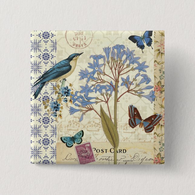 Flowers, Butterflies, and Bird Collage 15 Cm Square Badge (Front)