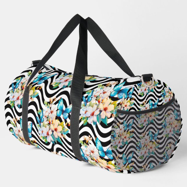 Flowers Butterflies Black & White Wavy Stripes Duffle Bag (Right Corner)