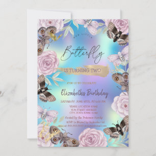 Flowers Butterflies Holographic Birthday Invitation
