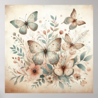 Flowers butterflies in pastel colours watercolor poster