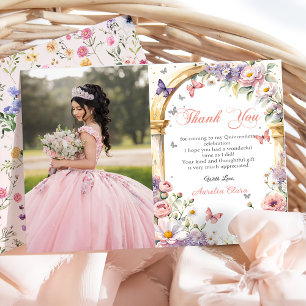  Flowers Butterflies Lilac Quinceañera Photo Thank You Card