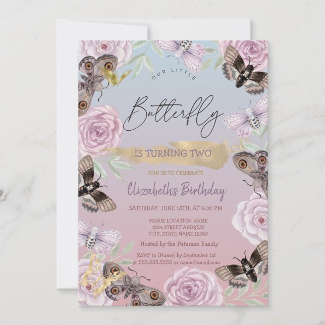 Flowers Butterflies Ombre Birthday   Invitation (Front)