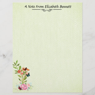 Flowers Butterflies on Green Stationery Custom Letterhead