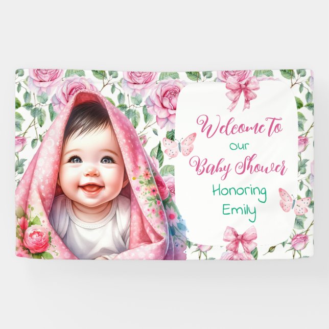 Flowers & Butterflies Pink Baby Shower Welcome Banner (Horizontal)